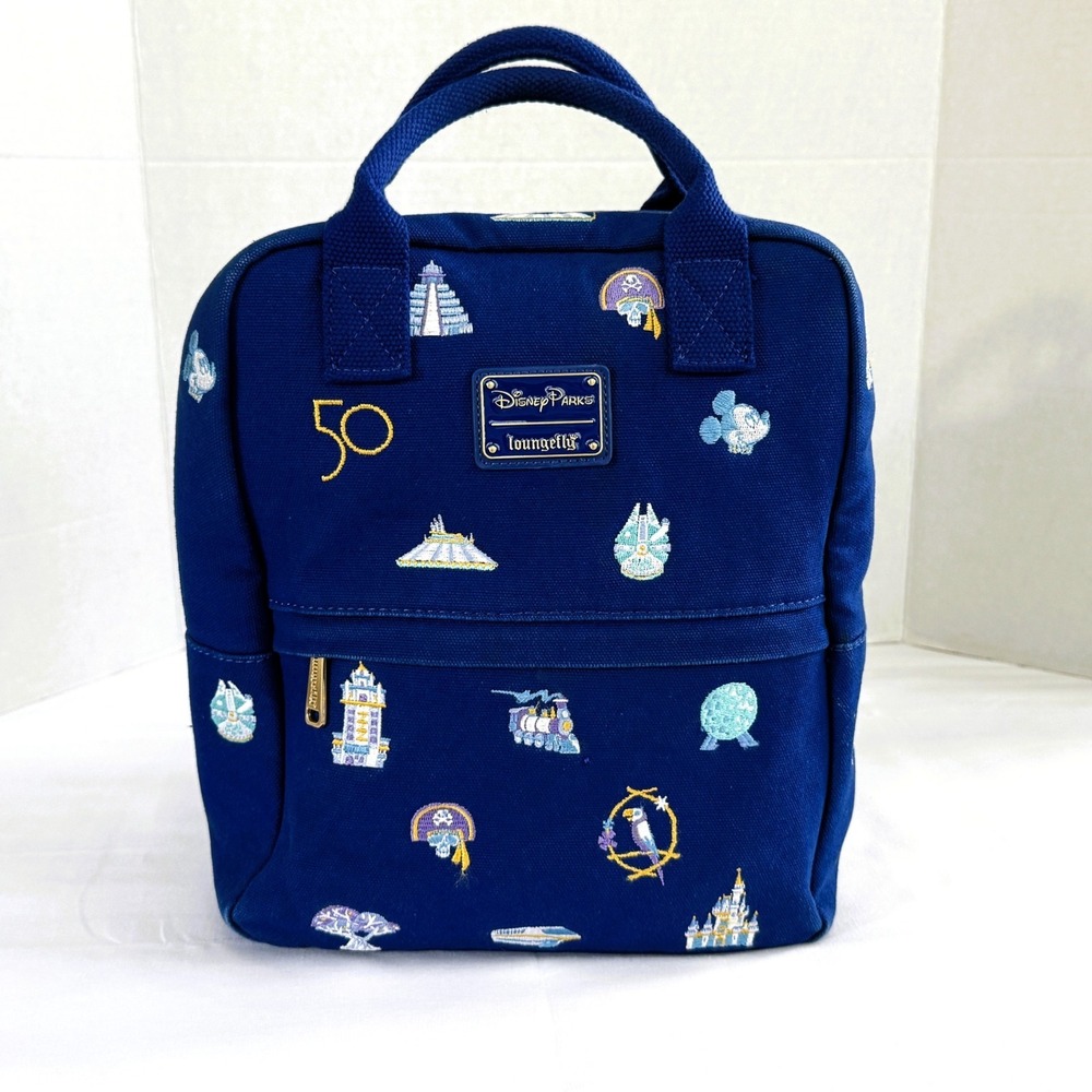 Loungefly x Disney 50th Anniv Royal Blue Canvas Backpack Embroidered Designs